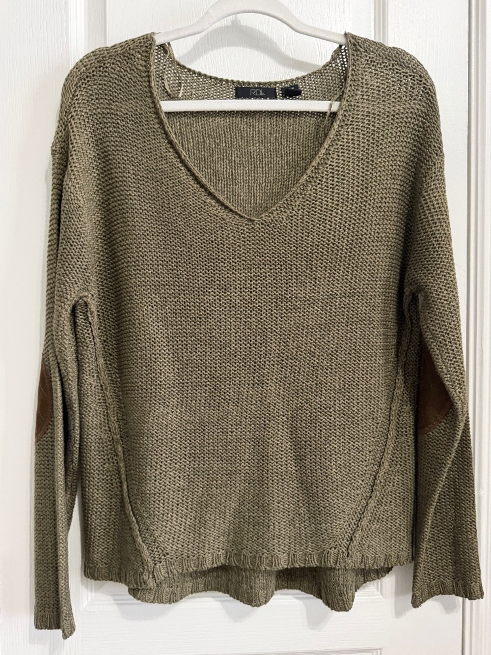 RD Style Olive Green Open Knit V Neck Sweater Suede Elbow Patches Large